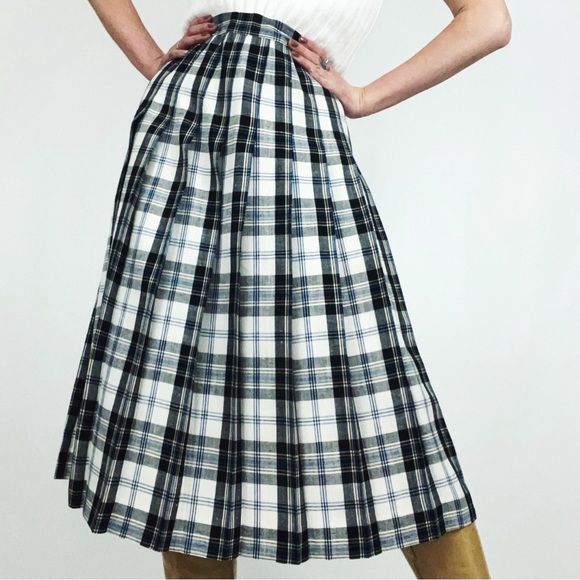 Vintage Plaid Pleated Linen-Blend Midi-Skirt | Size 24”-25” - Picture 1 of 6